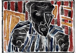 Self-portrait, striped shirt, closed hands, day 3