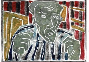 Self-portrait, striped shirt, closed hands, day 4