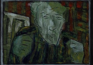 Self-portrait, striped shirt, closed hands, night 1