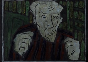 Self-portrait, striped shirt, closed hands, night 2