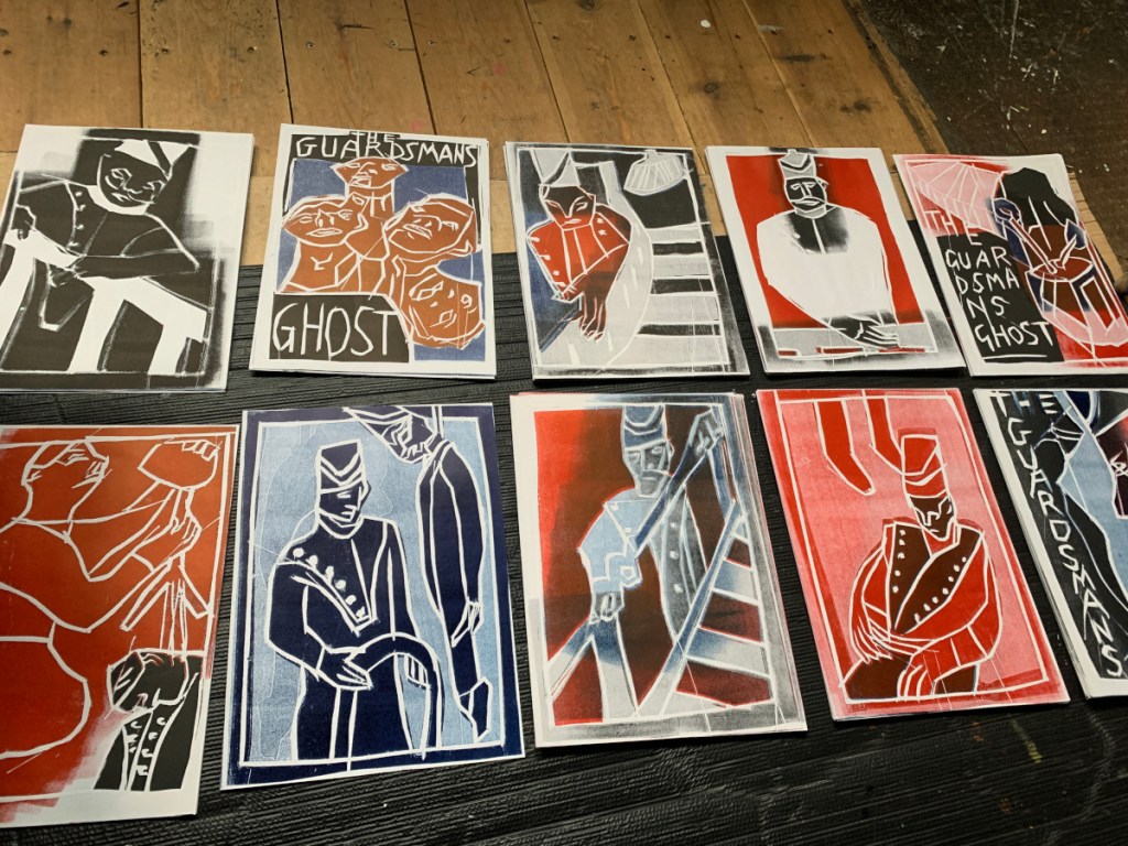 Edgeworth Johnstone Illustrates Ron Throop. An exhibition at Black Ivory Printmaking & Audio Club in Muswell Hill, London UK. Photo 3.