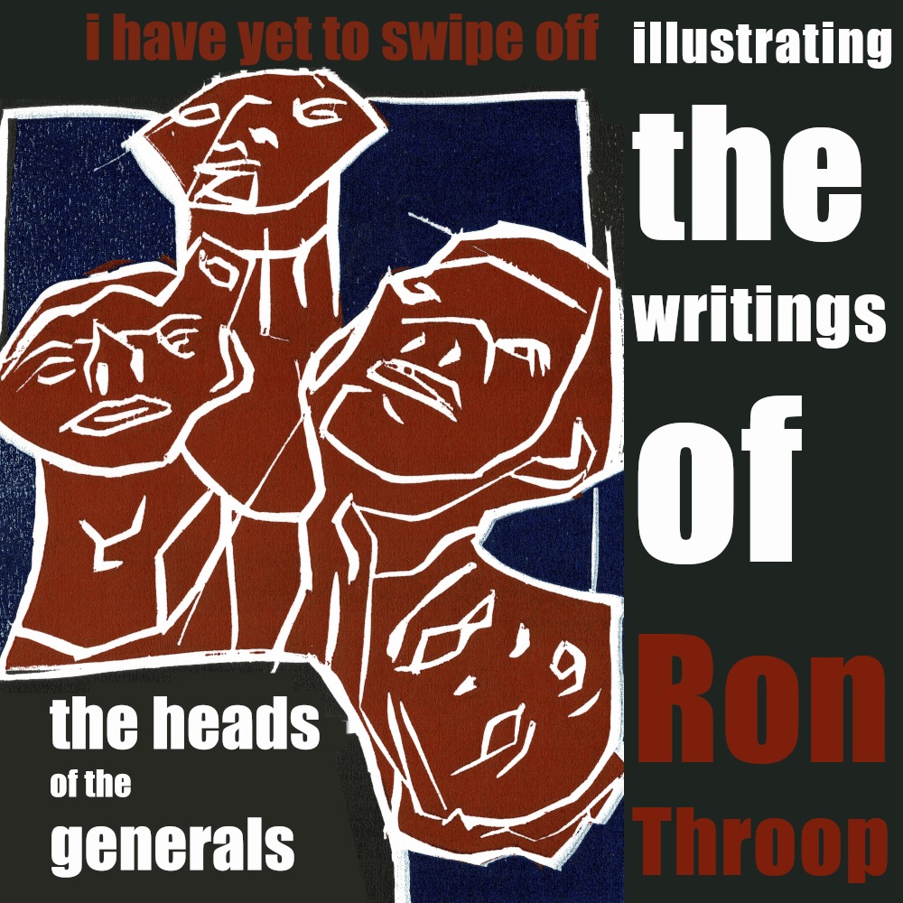 Heads. Illustrating the writings of Ron Throop. Woodcut print by Edgeworth Johnstone.
