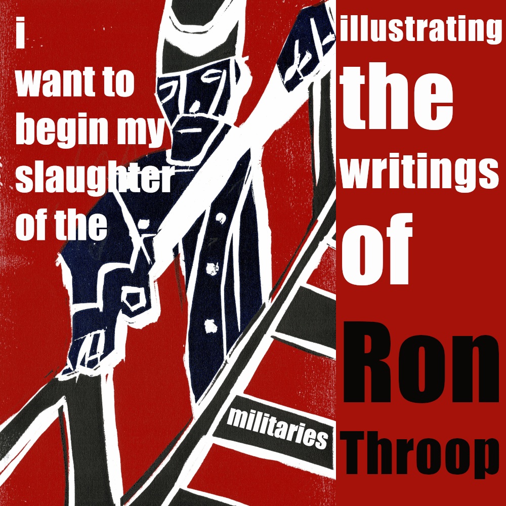Slaughter. Illustrating the writings of Ron Throop. Woodcut print by Edgeworth Johnstone.