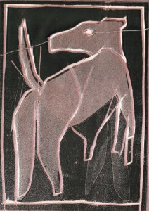 I was born in a mine, Pack R wood block print by Edgeworth Johnstone, dog.