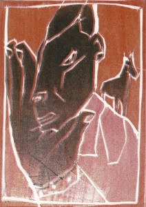 I was born in a mine, Pack R wood block print by Edgeworth Johnstone, face cover.